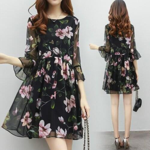 Summer New Large Size Dress round Neck Flounced Sleeves Printed Midi Chiffon Dress Woman Dress Vestido De Mujer Femme Robe