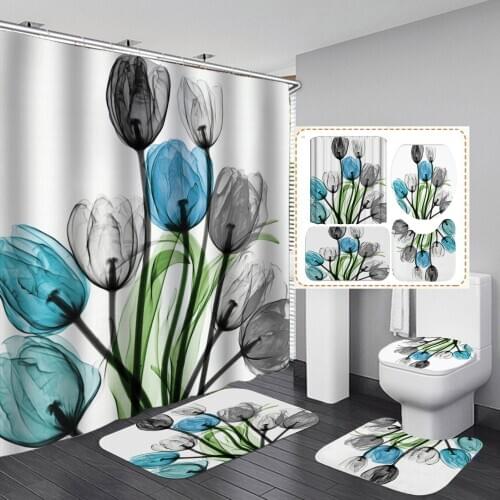 Colorful Tulip Flowers Shower Curtain Sets with Non-Slip Rugs Toilet Lid Cover and Bath Mat Waterproof 3D Bathroom Curtains Set