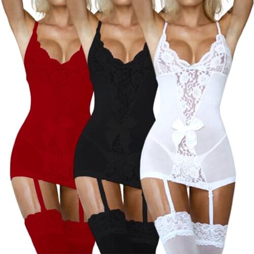 Women Sexy See-through Nightdress, White Deep V-neck Lace Hem Slip Dress for Female Ladies Summer, S/ M/ L/ XL/ XXL