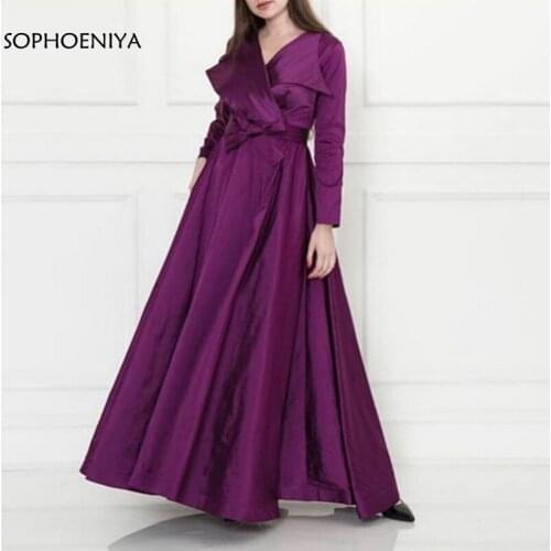 New Arrival Taffeta V Neck Long sleeve evening dresses 2021 Purple evening gowns Dubai muslim evening dress Simple formal dress