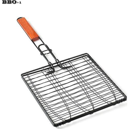 New DIY Non-stick Triple Fish Grilling Basket w/ Wood Handle Outdoor BBQ Grilling Fish Rack Barbecue Tool Fish Grill Net