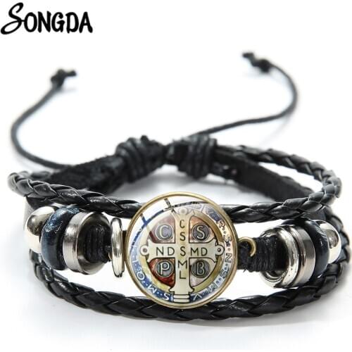 Saint Benedict Medal Cross Bracelet Crucifix Retro Pattern Glass Cabochon Braided Leather Rope Chain Bracelet Adjustable Length