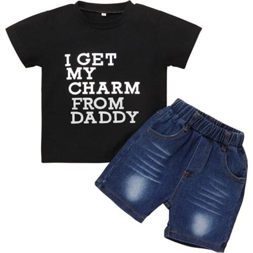 1-4 Years Baby Boys Clothes Set Letter Print Black O-Neck T-Shirt + Short Hole Jeans Outfits For Infant Boys Summer Set