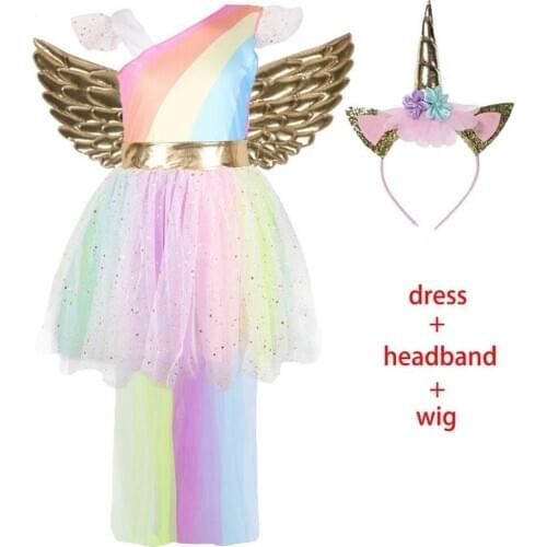 Girls Unicorn Princess Dresses Halloween Costumes for Kids Elegant Mesh Dress with Gold Headband Wing Carnival Party Clothing