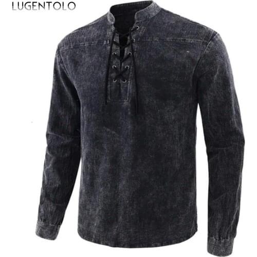 Long Sleeve Shirt Men Vintage Solid Lacing Stand Collar Tops Mens Causal Loose Spring Simple Shirts Lugentolo