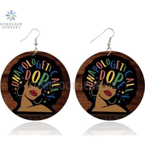 SOMESOOR Unapologetically Dope Afro Wooden Drop Earrings African Curly Hair Design Printed Loops Dangle Jewelry For Women Gifts