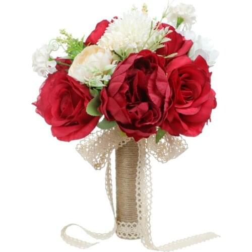 Wedding Bouquet Red Roses Bridal Wedding Hand Bouquet Bridesmaid Holding Artificial Fake Flowers, Flower Girl Bouquet