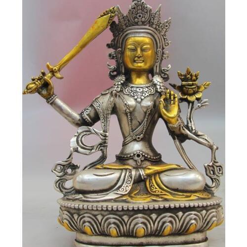 Tibet Buddhism White Copper Silver Manjusri Bodhisattva Manjushri Buddha Statue