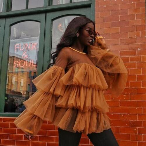 High Quality Champagne Formal Party Tops Elegant Round Neck Long Sleeve Tiered Tulle Chic Ruffle African Women Blouse Custom