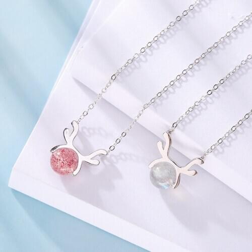 Trendy Christmas chain Necklaces for women,Strawberry crystal deer elk Shaped,Charm 925 silver pendant necklace fine jewelry