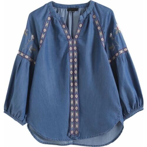 Embroidery denim shirt blouse women long sleeve v neck spring jeans shirt streetwear casual botton shirt blouse