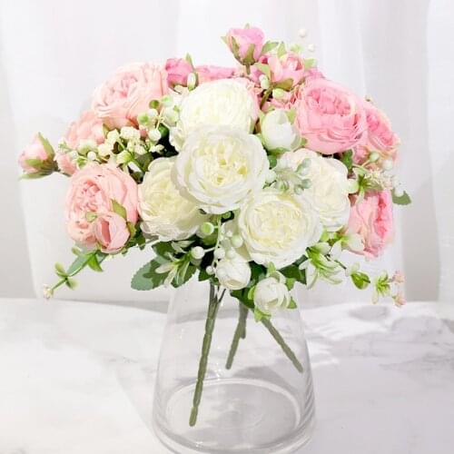 High Quality Pink Silk Artificial Flowers Rose Wedding Home DIY Decor High Quality Big Bouquet Foam Accessories