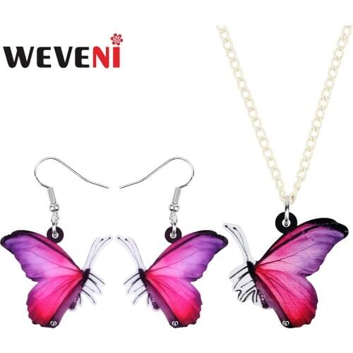 WEVENI Acrylic Red Morpho Butterfly Jewelry Sets Earrings Necklace Long Insect Animal Jewelry Women Kid Spring Charm Accessories