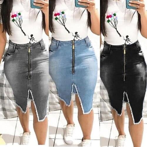 Sexy Jean Skirts Women Plus Size Summer New Washed Slim Fringed Denim Midi Skirt Knee-Length Pencil Skirts Lugentolo