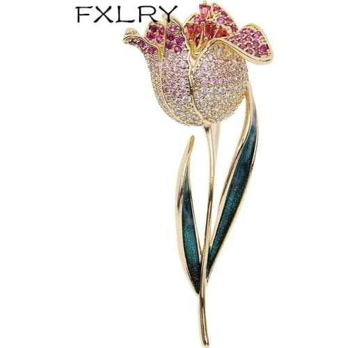 FXLRY Elegant High Quality Beautiful Tulip Pins Brooch AAA Zircon Flower For Women Wedding Jewelry