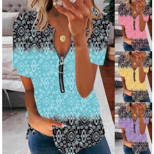 Summer T Shirt Women 2021 printing round collar zipper loose short sleeve T-shirt girl Tee Tshirts dropshipping YFF6483