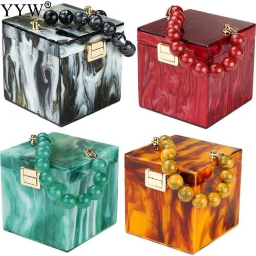 Women Bag 2021 Fashion Mini Totes Acrylic Box Bag Beads Top Handle Handbag Female Ink Pattern Evening Clutch Purse Bolsa Mujer