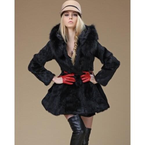 Free shipping New genuine ral natural rabbit fur coat women long jacket with fox fur hood winter