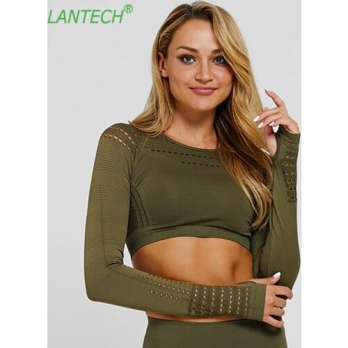 LANTECH Women Yoga Gym Shirts Seamless Crop Tops Fitness Clothing Compression Tights Sports Running Workout Ombre Sportswear
