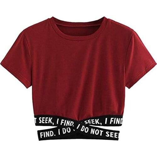 25# Womens Short T-shirts Lady Fashion Soild Latter Cross Bandage Sexy Tops T-shirt Short Sleeve O-neck Top Mujer Camisetas