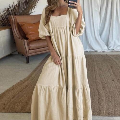 Women Dress Puff Sleeve Ruffles Hem Summer Back Lace-up Square Neck Patchwork Dress for Dating casual womens dresses vestidos