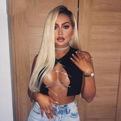 Hollow Out Sexy T Shirt Women Summer Top Solid Color Cardigan Sleeve Crop Front Chest Chain Closure Wild Top Shirt Women Girls