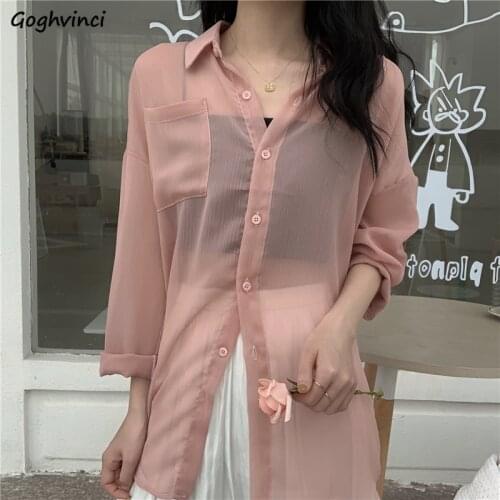 Blouses women transparent turn-down summer sun-proof casual lightweight thin chiffon shirts females elegant fashion korean style