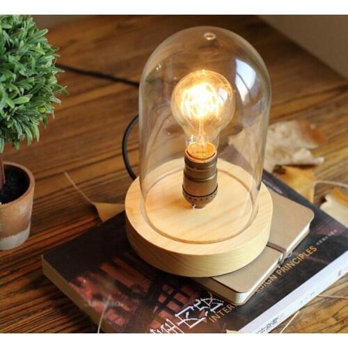 Loft Industrial vintage nature glass wood base table lamp simpe modern reading desk lamp for study bedroom living room workroom