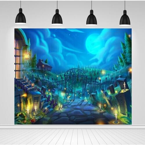 Scopiso Halloween Backdrop Mysterious Forest Tombstone Gate Road Moon Night Photography Background For Photo Studio Photocall