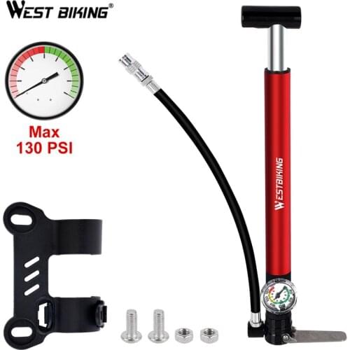 WEST BIKING Alloy Bicycle Pump Hose Gauge Hand Foot Floor Bike Tire Pump 130PSI Cycling Air Inflator Presta Schrader Valve Pump