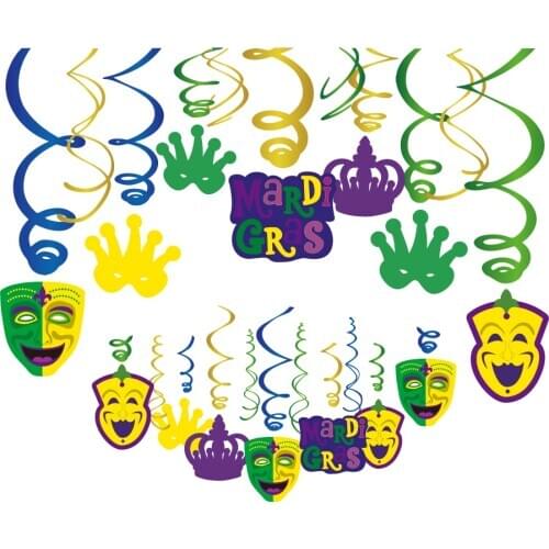Mardi Gras Carnival Party Decorations PVC Spiral With Mask Paper Cards Ceiling Hanging Swirl Party Supplies