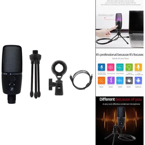 USB Microphone Condenser Cardioid Sound Chipset with Desktop Tripod Stand Shock Mount RGB Lights for Broadcast Meeting Voiceover