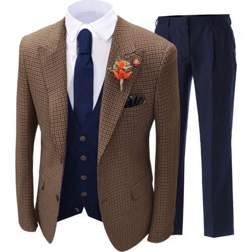 Grey Mens Suits 3 Pieces Slim Fit Plaid Wool Peaked Collar Tweed Groomman Tuxedos Men Suits for Wedding (Blazer+Vest+Pants)