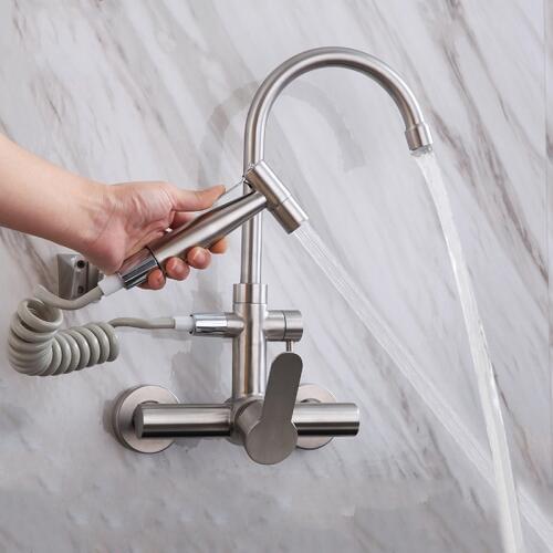 Wall Mount Kitchen Faucet Stainless Steel 360 Swivel Dual Hole Sink Tap with Bidet Sprayer Shower Head Cold Hot Water Mixer Tap