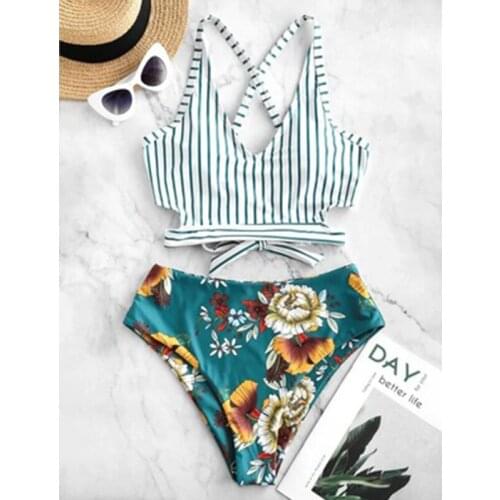 2021 Summer Beach High waist bikini Bodysuit Womens Small Fresh Skinny Sexy Striped Split Halter Bikini