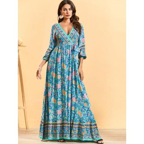 M-4XL Big Size Long Sleeve V-neck Dress Casual Womens Print Sexy Slit Loose Dress 2021 Summer New Fashion Flounce Vestidos