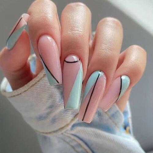 24pcs Fake Nails With Blue Pink Lines Glue Type Removable Long Paragraph Fashion Manicure Nails Accessories Manicure Sticker