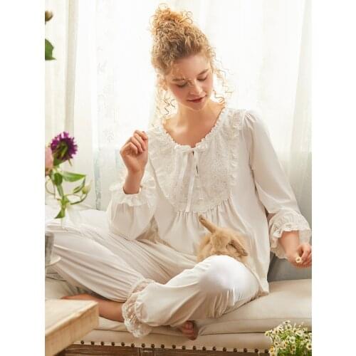 New Sweet Cotton Womens Pajamas Sets Spring Autumn Long Sleeve Vintage Sleepwear Girls Lovely Night Suits Comfortable Nightwear