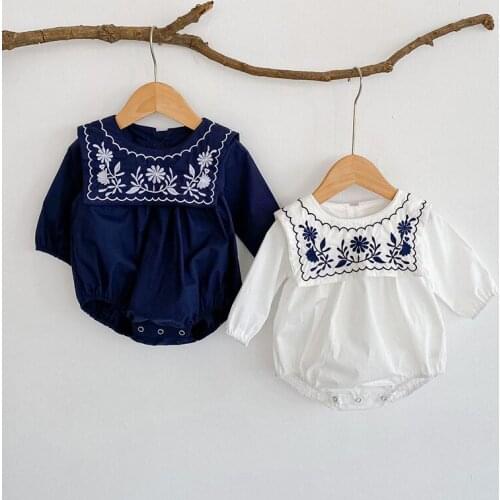 Autumn New Baby Girl Bodysuits Navy Collar Embroidery Long Sleeve Cotton Triangle Jumpsuit Spring Baby Clothes Outfit One-piece