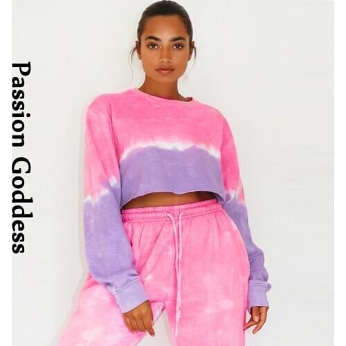 Autumn Women Tie Dye Patchwork Hoodies Casual Long Sleeve Sweatshirts Female Loose Cropped Hoodie Pullover Oversized Tops Jogger