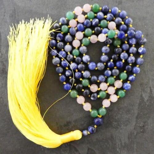 8mm Sodalite Green Adventurine Knotted Mala Necklace 108 Mala Beads With Yellow Tassel Necklace Chakra Jewelry Yoga Gift For Him