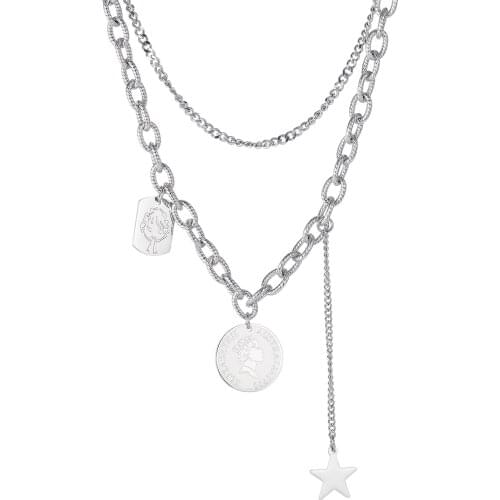 Y2k Layered Chains Queen Round Star Pendants Necklaces For Women Fashion E Girl Stainless Steel Aesthetic Neck Jewelry Necklaces