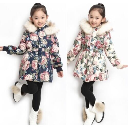 Girls Down Parkas Coat Cotton-Padded Thick Warm Kids Winter Jacket for Girl Floral Pattern Zipper Hooded Children Long Outerwear
