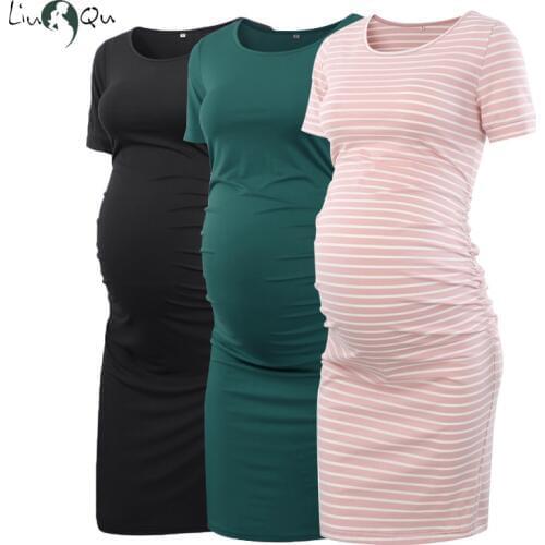 Maternity Dress Pregnant Clothes Women Short Sleeve Knee Length Flattering Side Ruched Dress Mummy Soft Baby Shower Dress