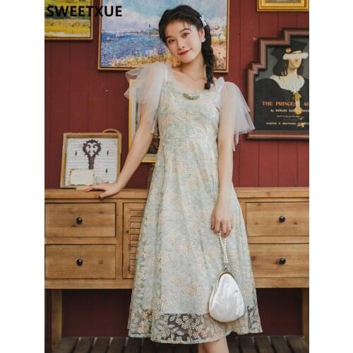SWEETXUE Embroidery Party Dresses Runway Floral Bohemian Flower Ladies Vintage Summer Boho Mesh Dresses Women Vestido Women