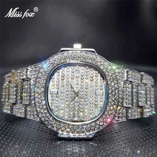 Luxury Mens Quartz Watches MISSFOX Geneva Casual Fashion Designer Ice Diamond Watch 30M Waterproof Quality Relógio Masculin