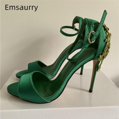 Luxury Green Satin Party Sandals Women Stiletto Heel With Crystal Rhinestone Decor Cover Heels Diamond Banquet Shoes Woman