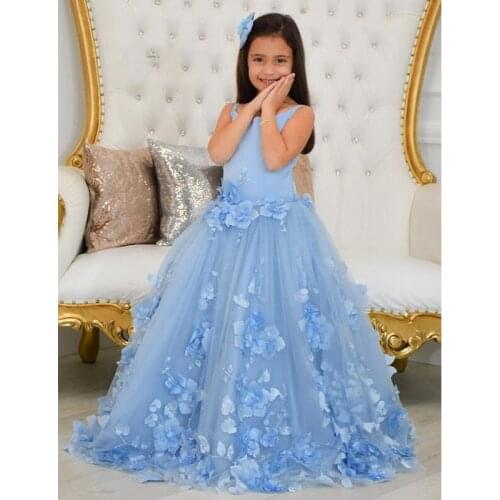 Luxurious Hand Made Flowers Beaded Girls Prom Dresses Tulle Elegant Child Party Gown Kids Blue First Communion Dress 2021