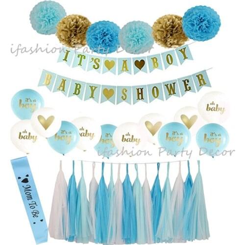 Pink Blue Gold Baby Shower Decorations Mom To Be Sash Bunting Banner Garland Paper Flower Pom Poms for Boy Girl Shower Supplies