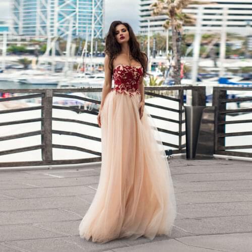 Sexy Champagne Elegant Women Dress Strapless A-Line Floor Length Summer Dress With Applique Evening Dress Custom Made